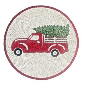 Nantucket Christmas Tree Beaded Placemats 14" Round Set of 3 Red Farm Truck